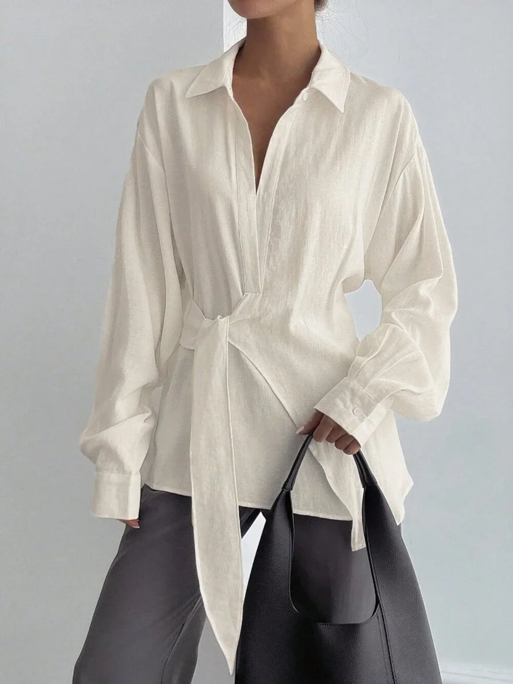White Casual Women's Half-Placket Side Tie Long Sleeve Top